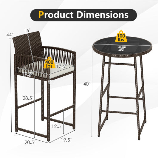 3 Piece Patio Bar Set Outdoor Wicker Bar Height Table and Armchairs-White W2B