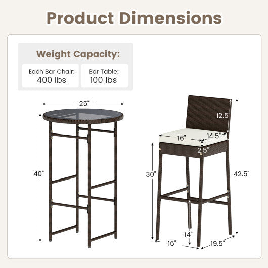3 Piece Outdoor Bar Set Patio Heavy-Duty Metal Barstool and Table Set-White W2B