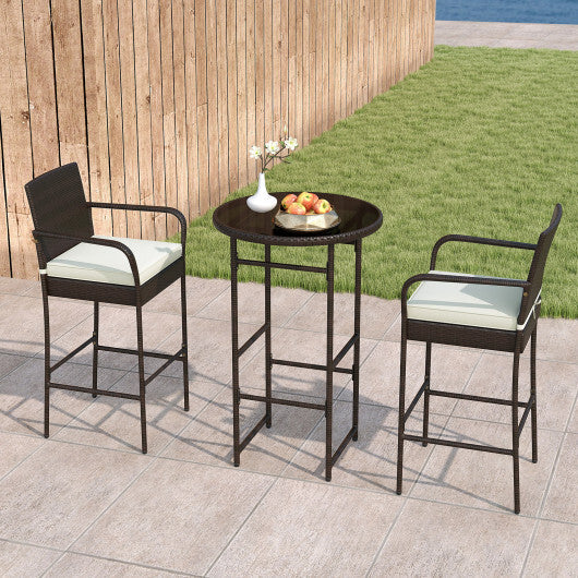 3 Piece Outdoor Bar Set with 2 Seat Cushions for Porch Yard-White W2B