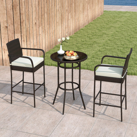 Patio Rattan Bar Height Table and Chairs with 2 Seat Cushions for Porch-White W2B