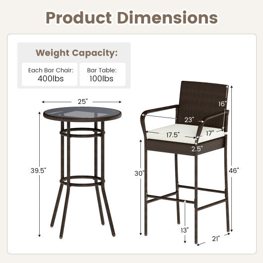 Patio Rattan Bar Height Table and Chairs with 2 Seat Cushions for Porch-White W2B
