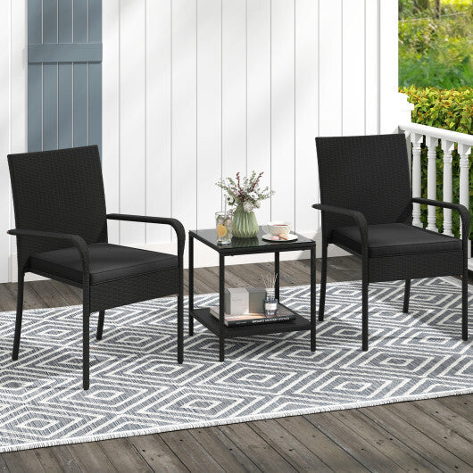 3 Piece Patio Furniture Set with Seat Cushions and Tempered Glass Tabletop-Black W2B