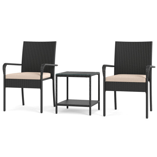 3 Piece Patio Furniture Set with Seat Cushions and Tempered Glass Tabletop-Black W2B