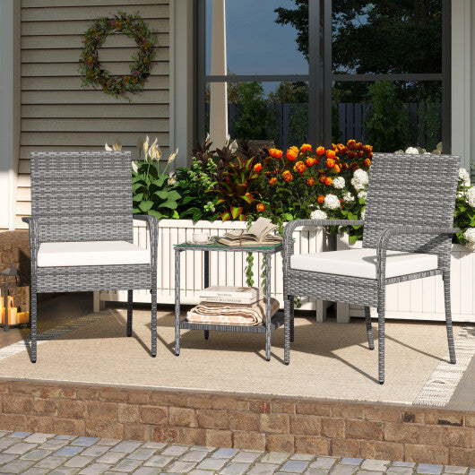 3 Piece Patio Furniture Set with Seat Cushions and Tempered Glass Tabletop for Balcony-White W2B