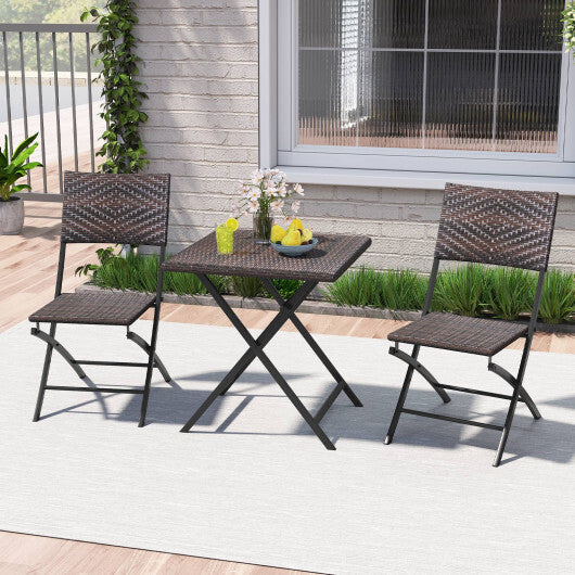 3 Piece Rattan Bistro Set Outdoor Folding Dining Table and Chairs with Wicker Seat W2B