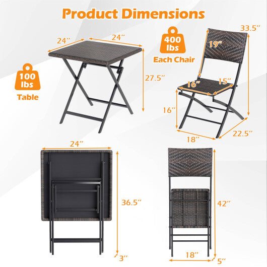 3 Piece Rattan Bistro Set Outdoor Folding Dining Table and Chairs with Wicker Seat W2B
