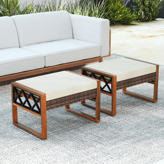 PE Rattan Wicker Ottomans Set of 2 with Removable Cushions-Beige W2B