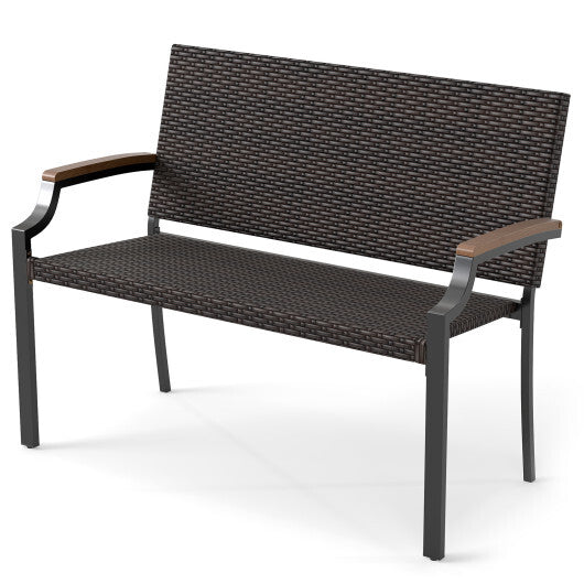 Patio Wicker Loveseat Chair with Acacia Wood Armrests and Metal Frame W2B