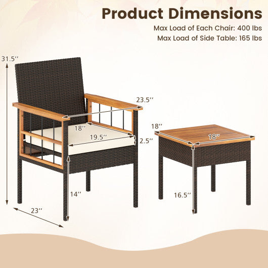 3 Piece Wicker Furniture Set with Acacia Wood Tabletop and Armrest for Balcony-White W2B