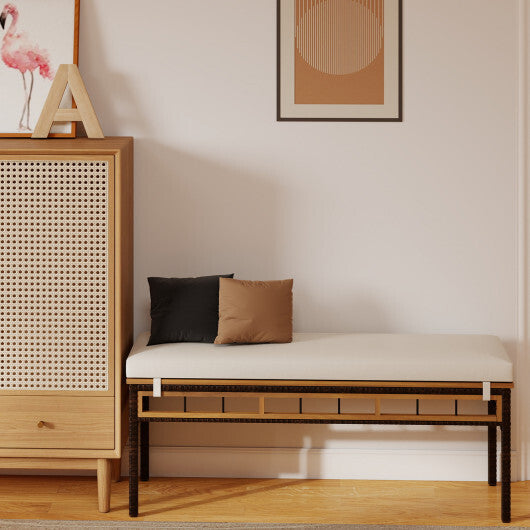 Wicker Patio Bench for 2 People 48invh Long Backless Dining Bench with Acacia Wood Seat-White W2B