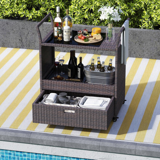 Outdoor Wicker Bar Cart Table with Tempered Glass Top W2B