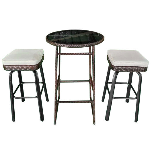 3 Pieces Outdoor Swivel Bar Set PE Rattan Bar Height Table with 2 Chairs-White W2B