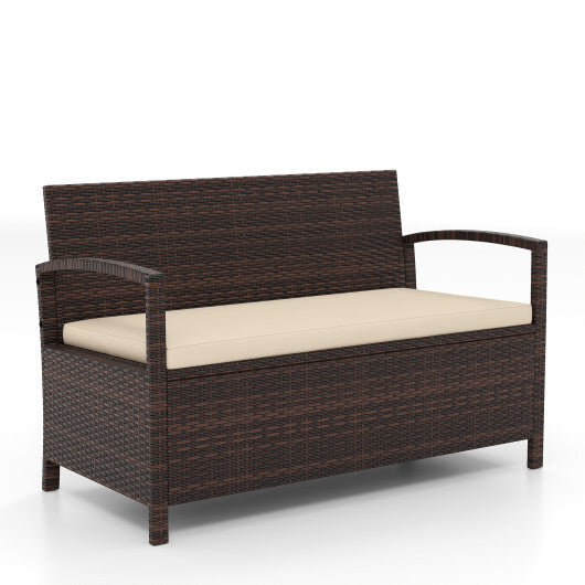 Outdoor PE Wicker Storage Bench 2 Seater with Cushion and 42 Gallon Deck Box-Beige W2B