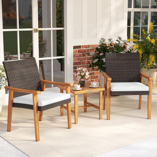 3 Pieces Patio PE Wicker Furniture Set Acacia Wood Outdoor Conversation Bistro Set-White W2B