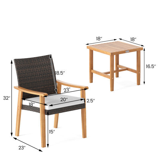 3 Pieces Patio PE Wicker Furniture Set Acacia Wood Outdoor Conversation Bistro Set-White W2B
