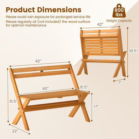 2-Person Acacia Wood Patio Garden Bench with 800 lbs Capacity W2B