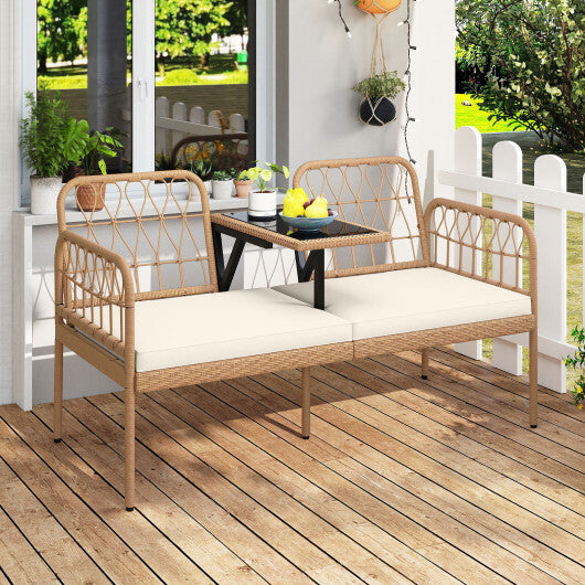 2-Seat PE Rattan Outdoor Loveseat with Built-in Coffee Table and Soft Cushions-White W2B