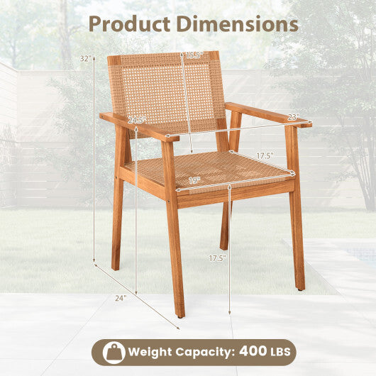 Acacia Wood Outdoor Dining Chairs Set of 2 PE Rattan Patio Chairs with Backrests and Armrests W2B