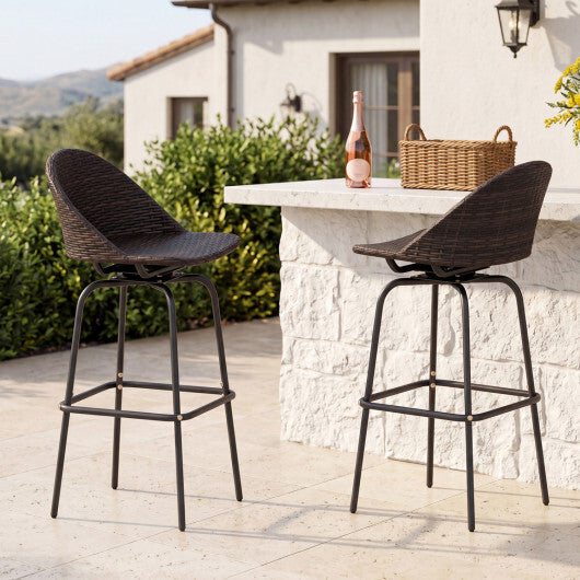 Set of 2 Patio Swivel Bar Stools with Rattan Seat 400 LBS for Garden-Brown W2B