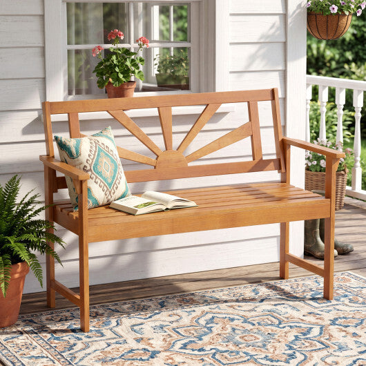 2-Seater Acacia Wood Loveseat Bench with Backrest and Armrests for Patio W2B