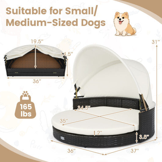 Wicker Dog House with Retractable Canopy & Removable Cushion for Small Medium Dogs-White W2B