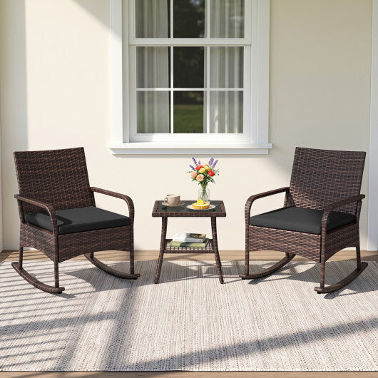 3 Pieces PE Wicker Rocking Bistro Set with 2-Tier Side Table Cushions and Ergonomic Armchairs for Porch-Black W2B