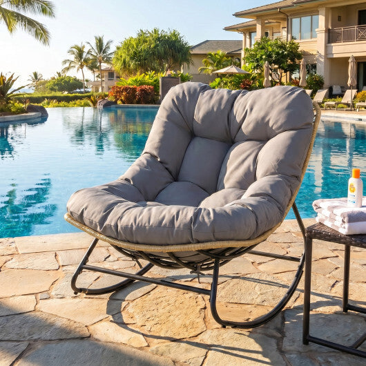 Outdoor Papasan Rocking Chair with Thick Cushioned Seat for Patio-Gray W2B