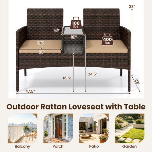 Patio Loveseat Wicker 2-Seat Conversation Set with Built-in Coffee Table-Brown W2B