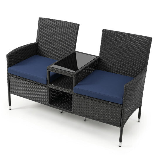 Outdoor Wicker Patio Loveseat with Built-in Glass Side Table-Black W2B