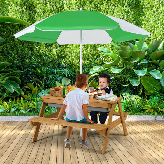 3-in-1 Kids Outdoor Picnic Water Sand Table with Umbrella Play Boxes-Green W2B