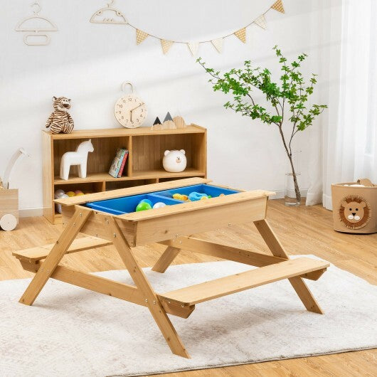 3-in-1 Kids Picnic Table Wooden Outdoor Water Sand Table with Play Boxes W2B
