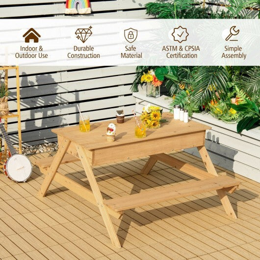 3-in-1 Kids Picnic Table Wooden Outdoor Water Sand Table with Play Boxes W2B