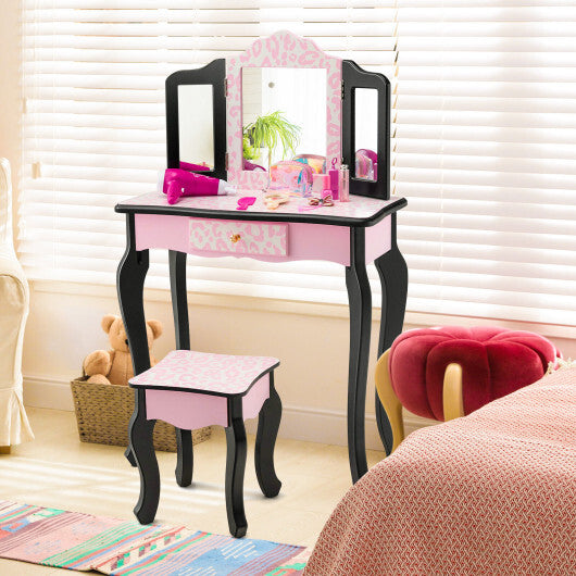 Kid Vanity Set with Tri-Folding Mirror and Leopard Print-Pink W2B