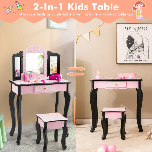 Kid Vanity Set with Tri-Folding Mirror and Leopard Print-Pink W2B