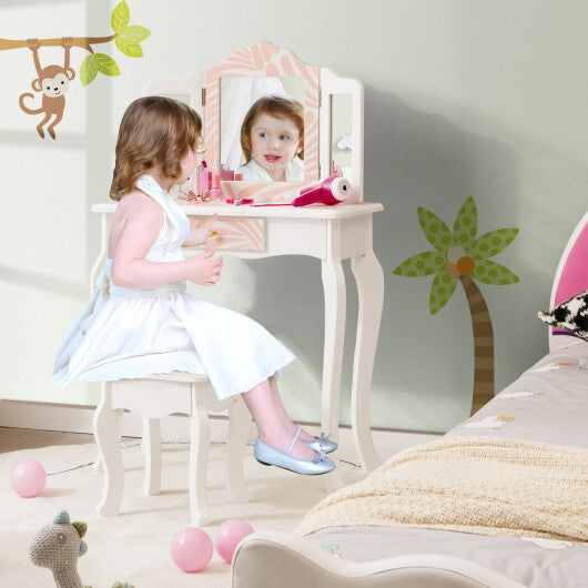 2-in-1 Kids Vanity Table Set with Tri-folding Mirror-Pink - Color: Pink W2B