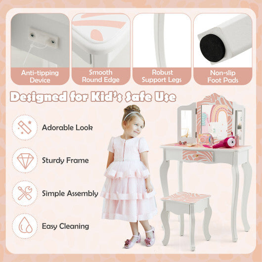 2-in-1 Kids Vanity Table Set with Tri-folding Mirror-Pink W2B