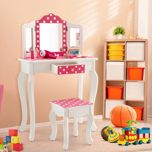 Kids Vanity Table and Stool Set with Cute Polka Dot Print-Pink W2B