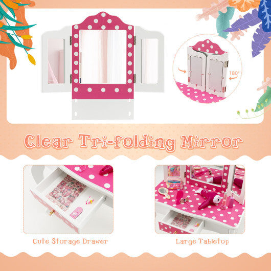 Kids Vanity Table and Stool Set with Cute Polka Dot Print-Pink W2B