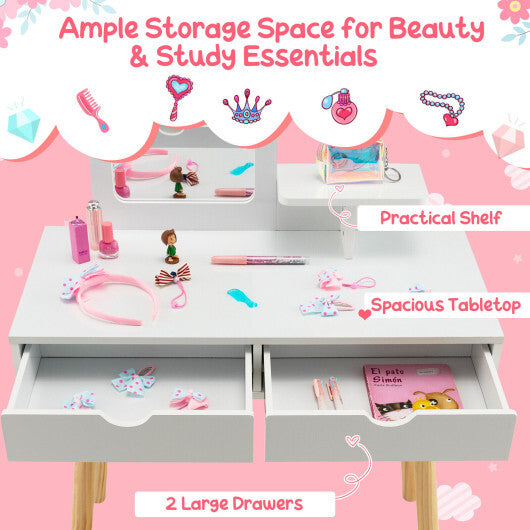 Kid Vanity Table Chair Set with Mirror and 2 Large Storage Drawers-White W2B