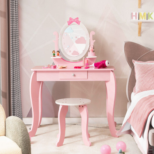 Kid Vanity Table Stool Set with Oval Rotatable Mirror-Pink W2B