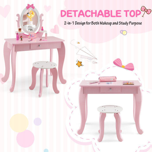 Kid Vanity Table Stool Set with Oval Rotatable Mirror-Pink W2B