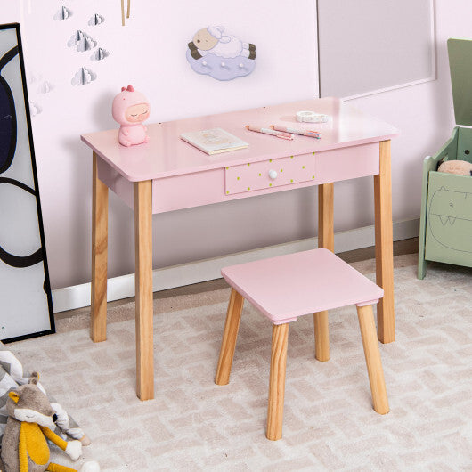 2-in-1 Children Vanity Table Stool Set with Mirror-Pink W2B