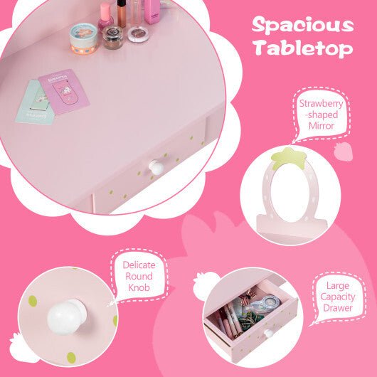 2-in-1 Children Vanity Table Stool Set with Mirror-Pink W2B