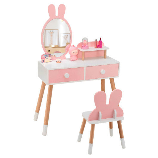 Kids Vanity Table and Chair Set with Drawer Shelf and Rabbit Mirror-Pink - Color: Pink W2B
