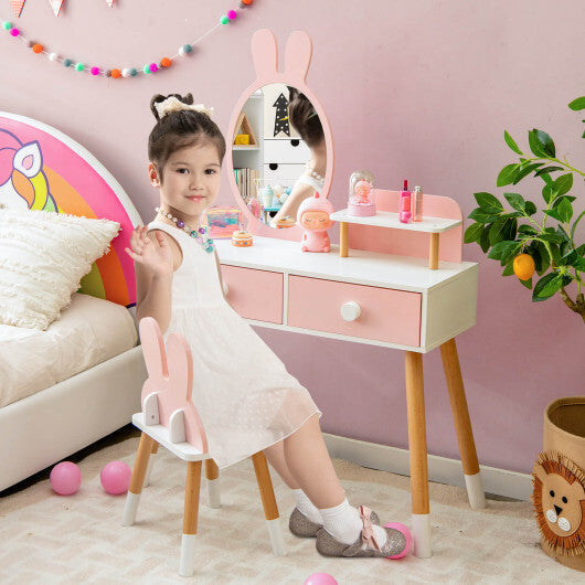 Kids Vanity Table and Chair Set with Drawer Shelf and Rabbit Mirror-Pink W2B