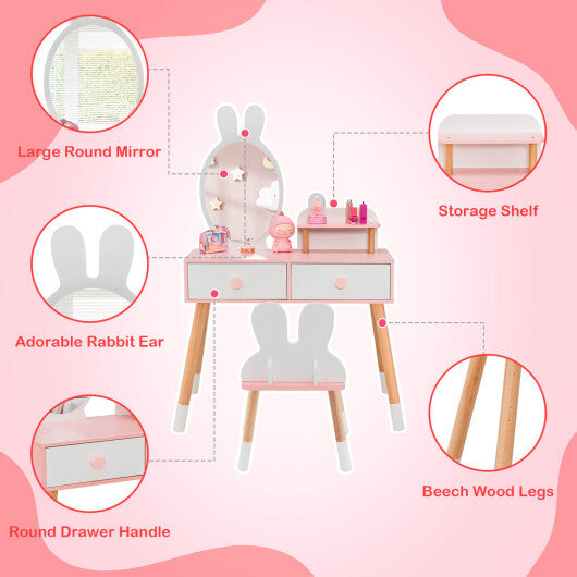 Kids Vanity Table and Chair Set with Drawer Shelf and Rabbit Mirror-Pink W2B