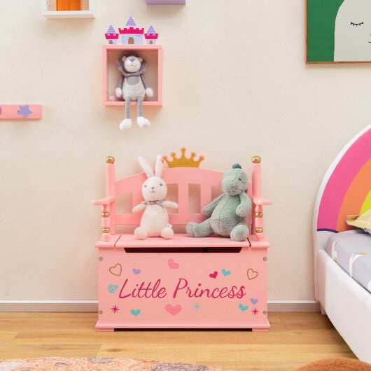 2-In-1 Kids Princess Wooden Toy Box with Safe Hinged Lid-Pink W2B