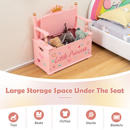 2-In-1 Kids Princess Wooden Toy Box with Safe Hinged Lid-Pink W2B