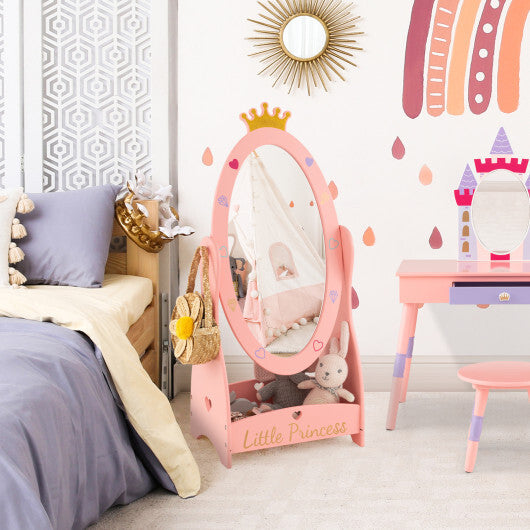 Kids Full Length Mirror with 360 Degree Rotatable Design and Shelf-Pink W2B