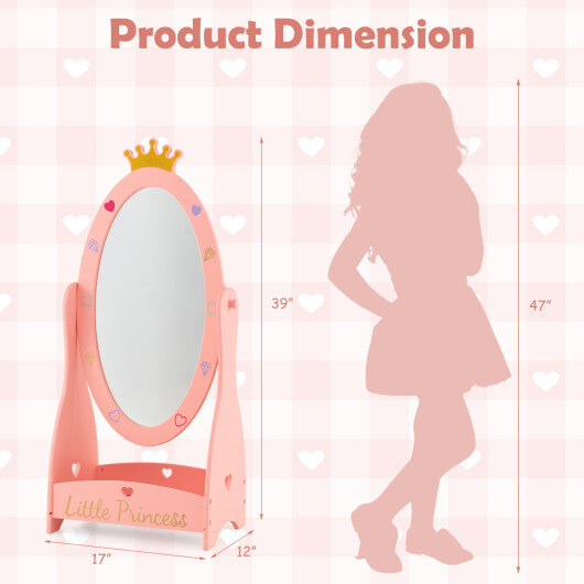 Kids Full Length Mirror with 360 Degree Rotatable Design and Shelf-Pink W2B